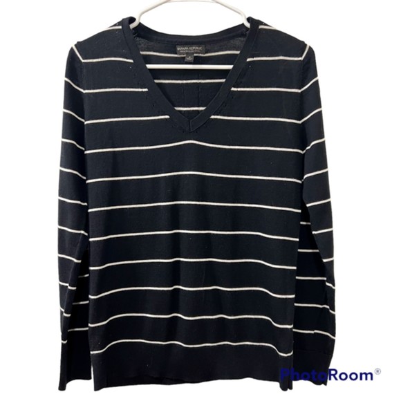 Banana Republic Womens Merino Wool Blue White Striped V-Neck Sweater Size Small - Picture 1 of 9